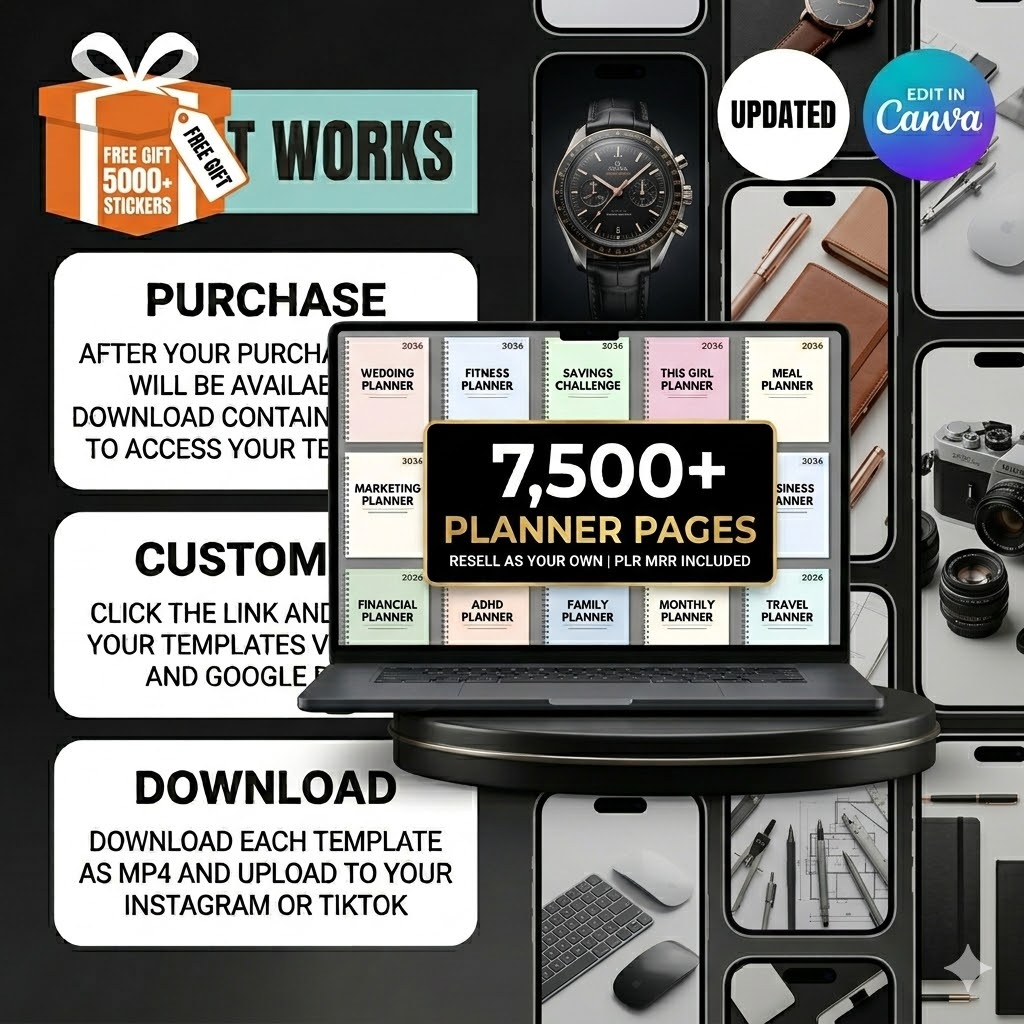 "All-in-One 7500+ Digital Planner Bundle: Business, Fitness, Wellness & Mindset – Fully Editable Canva Templates with Resell Rights!"